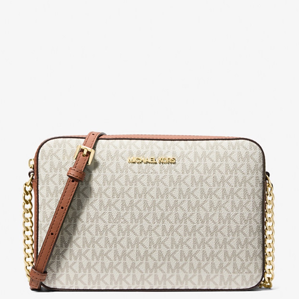 Michael Kors Vanilla Signature Crossbody with Brown Trim and Gold Hardware